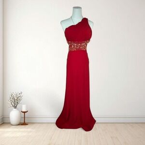 Y2K red one shoulder open back beaded maxi gown Blondie Nites formal prom
